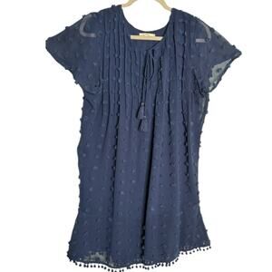Tularosa Navy Sheer Pompoms Detail w Tassel V Neckline Short Sleeve Large Dress